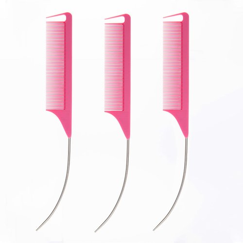 3 Pcs C Curved Rat Tail Combs Parting Rat Combs Teasing Fine Tooth Comb with Bend Steel Needle Carbon Fiber Pin Tail Comb for Hair Styling Tools Hair Comb for Parting Women Barber Girls (Rose red)