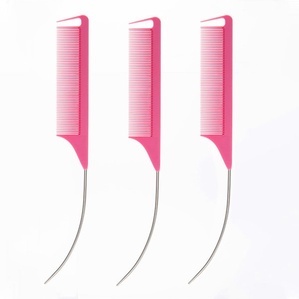 3 Pcs C Curved Rat Tail Combs Parting Rat Combs Teasing Fine Tooth Comb with Bend Steel Needle Carbon Fiber Pin Tail Comb for Hair Styling Tools Hair Comb for Parting Women Barber Girls (Rose red)