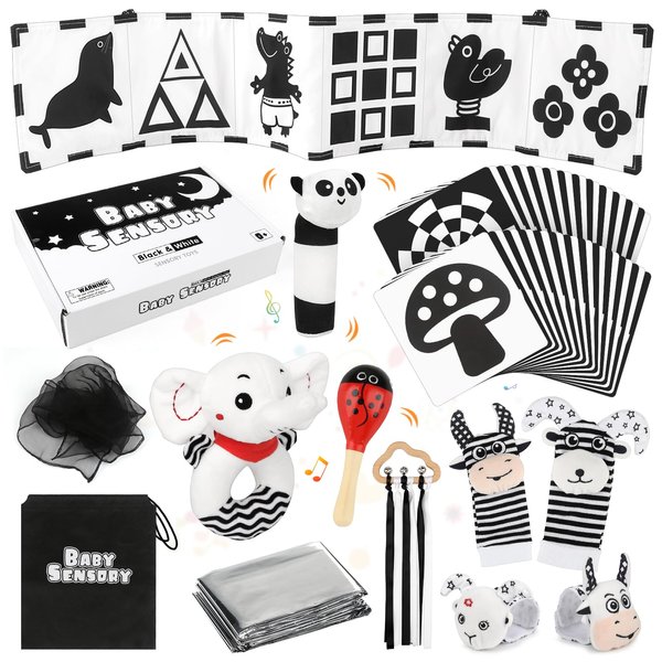 Dreamon 32 PCS Black and White High Contrast Baby Toys for Newborn - Baby Sensory Toys for 0-3 Months Brain Development - Infant Toys for 0-6 Months Baby Boy Girl Gifts - Montessori Tummy Time Toys