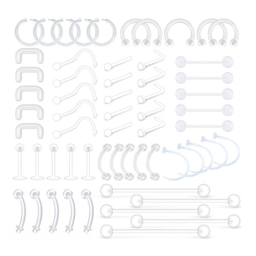 MODRSA Mix Set Clear Piercing Retainers Flexible Lip Ear Nose Studs Septum Eyebrow Tongue Rings Cartilage Tragus Earrings Retainer Bioflex Horseshoe Industrial Barbell 60pcs