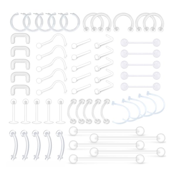 MODRSA Mix Set Clear Piercing Retainers Flexible Lip Ear Nose Studs Septum Eyebrow Tongue Rings Cartilage Tragus Earrings Retainer Bioflex Horseshoe Industrial Barbell 60pcs