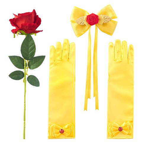 JiaDuo Girls Princess Costume Accessories Halloween Dress Up Hair Bow, Gloves and Rose Flower Set Yellow