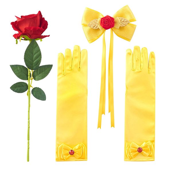 JiaDuo Girls Princess Costume Accessories Halloween Dress Up Hair Bow, Gloves and Rose Flower Set Yellow