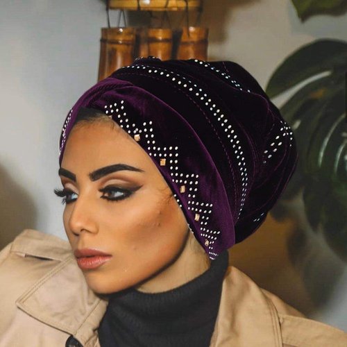 Bohend Rhinestone Turban Headband Sleep Headwrap Wide Sparkly Sleep Crystal Muslim Hat Headwear Beanie Velvet Hat Cap Hair Wrap for Women and Girls (Deep Purple)