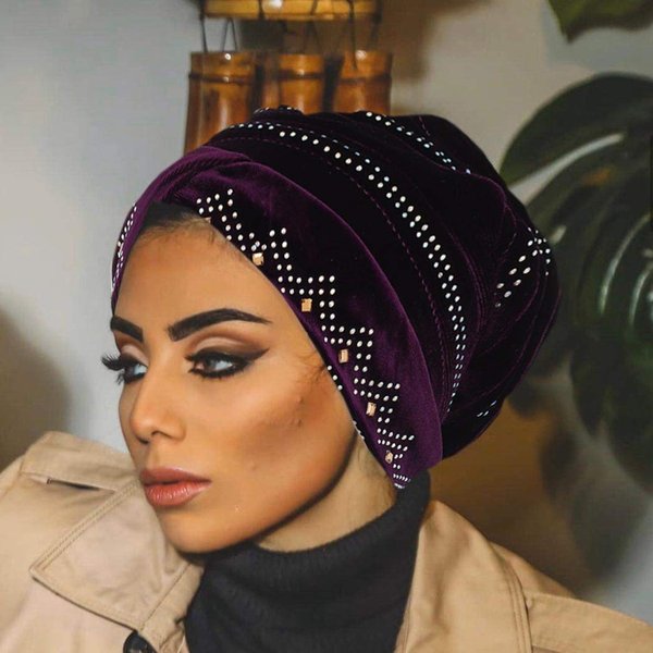 Bohend Rhinestone Turban Headband Sleep Headwrap Wide Sparkly Sleep Crystal Muslim Hat Headwear Beanie Velvet Hat Cap Hair Wrap for Women and Girls (Deep Purple)