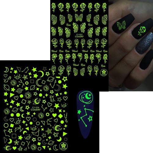 6 Sheets Nail Art Stickers Luminous Nail Art Supplies 3D Self-Adhesive Nail Decals Flame Star Moon Heart Butterfly Rose Flower Designer Nail Stickers for Women Design Manicure Art Decorations