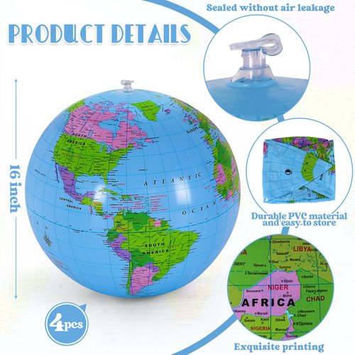 YOTHORN 4 Pcs 16 Inch Inflatable Globe,Blow up World Globe Beach Ball,Inflatable Earth Beach Ball for Beach Playing or Teaching,Party Bags,Summer Pool Party,PVC Material