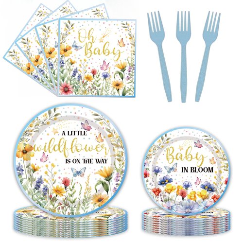 96PCS Wildflower Baby Shower Plates and Napkins Party Supplies A Little Wildflower Is On The Way Party Decorations Wildflower Disposable Tableware Set Serve 24 Guests