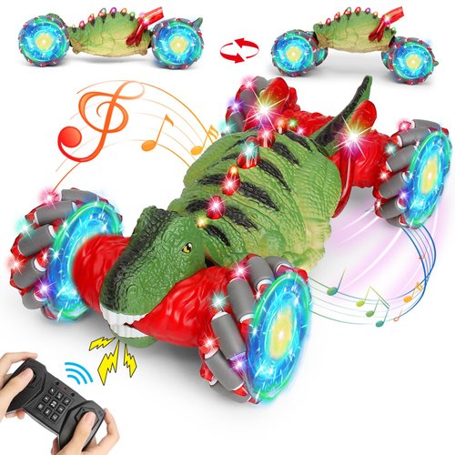 Yerloa Dinosaur Toys for Kids 3-5 5-7 Christmas Birthday Gifts for Boys Girls, Remote Control Dinosaur for Boy 4-7 8-12, RC Car with Light & Music, RC Stunt Twist Car Dino Toys for Ages 3 4 5 6 7 8 9