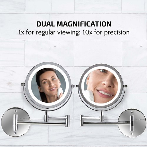 OVENTE 7" Lighted Wall Mount Makeup Mirror - 1X/ 10X Magnification, Battery Powered Glow Cosmetic Light up, Spinning 360-Degree, Double Sided LED, Extendable, Folding Arm, Nickel Brushed MFW70BR1X10X