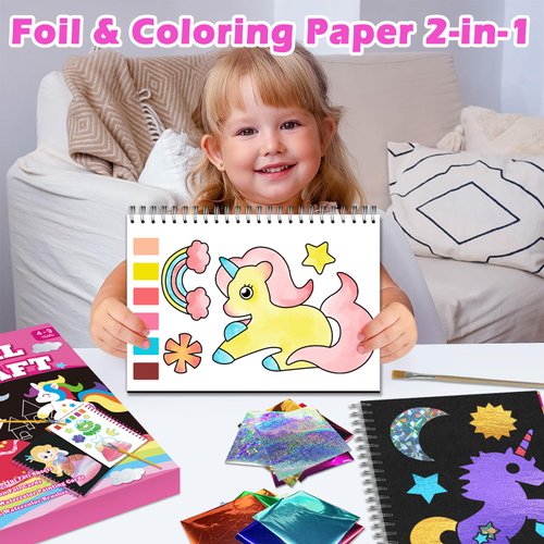 SOOVSY Foil Art Fun Kit for Kids, 2-in-1 Foil Craft & Coloring Kit, Princess & Unicorn DIY Craft Activity Kit, Creative Birthday Christmas Travel Toys Gift for Girl Boy Children 4 5 6 7 8 9 Years Old
