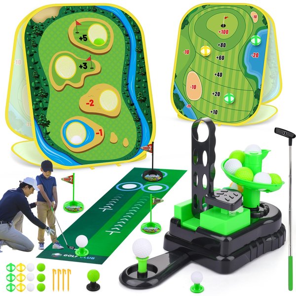 Toddler Golf Set, 3 in 1 Kids Golf Club Set Toddler Boy Toys, Kids Golf Set Indoor Outdoor with Golf Cornhole Board & Putting Mat, Birthday for Kids Boys 3 4 5 6 Years Old
