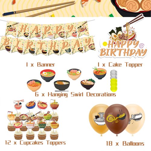 Ramen Party Decorations Japanese Noodles Birthday Decorations Includes Ramen Happy Birthday Banner Cupcake Toppers Cake Topper Spirals Balloons for Ramen Noodles Birthday Party Supplies
