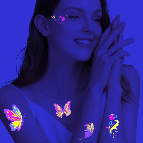 UV Butterfly Temporary Fake Tattoos Long Lasting 3D Realistic Tatoo Stickers Floral Sun Waterproof Watercolor Tattoos For Women Arm Neck Brirthday Party Adult Art (Style 16)