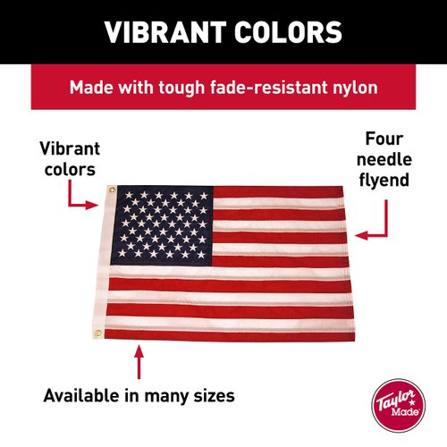 TAYLOR MADE PRODUCTS Sewn American Flag for Boats, 24" x 36", Marine-Grade Nylon, Fade Resistant, Brass Grommets, Embroidered Stars and Stripes, Flag only - 2020109197