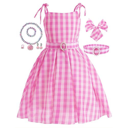 isswya Girls Pink Costume Dress Movie Cosplay Costumes Halloween birthday party Dress Up Kids Outfits 6-7Y