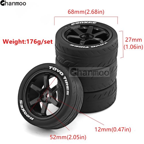 Chanmoo 1/10 RC Rally Racing Tires Rubber On Road Car Tyres and Plastic Wheels Rims 12mm Hex for 1:10 Scale RC Drift Car Tamiya HPI KYOSHO XV02 XV01 TA06 TT01 TT02 PTG2 RC On-Road Car 4PCS (Black)