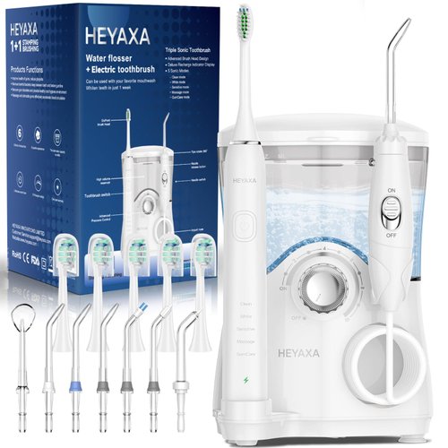 Water Flosser & Ultrasonic Electric Toothbrush Combo, 600ML Water Dental Flosser Toothbrush with 7 Jet Tips, 10 Adjustable Water Pressure, 5 Toothbrush Heads for Home Use, Gums, Braces (White)