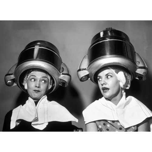 Posterazzi 1950s Two Women Sitting Together Gossiping Under Hairdresser Hair Dryer Poster Print by Vintage Collection, (18 X 24)