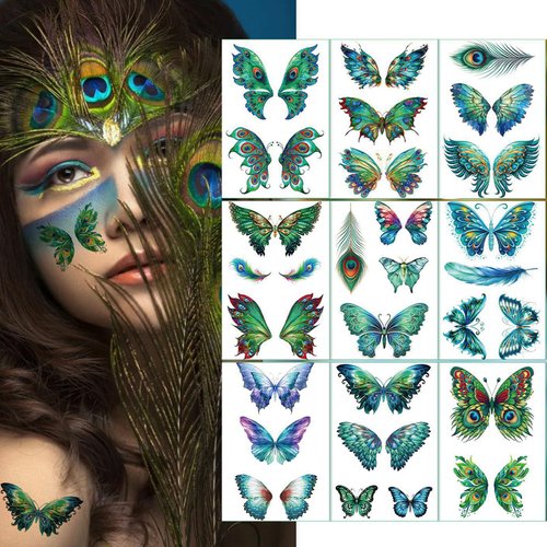 mdgfge 9 Sheets Peacock Butterfly Makeup Temporary Tattoos Sticker Eye Face Decoration, Reality Peacock Butterflies Waterproof Fake Tattoos for Women Cosplay Masquerade Party Eye Decor Supplies
