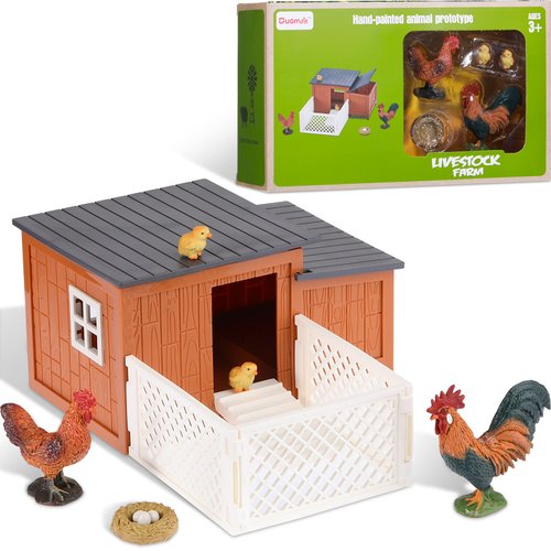 Skylety 9 Pieces Easter Chicken Figurine Chicken Model Playset Farm Action Figures Fences Around Building Blocks Farm Coop Set Birthday Party Present Animal Easter for Kids Age from 3 to 8