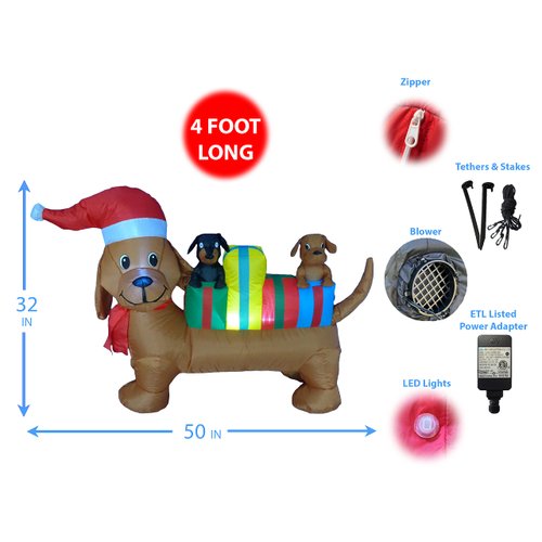 4 Foot Long Lighted Christmas Inflatable Three Dogs Puppies with Multicolor Gift Boxes LED Lights Outdoor Indoor Holiday Blow up Lawn Inflatables Home Family Party Decor Yard Decoration
