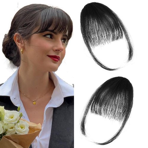 2PCS Hair Bangs Clip in Bangs 100% Real Human Hair Extensions Clip on Bangs Natural Black Fake Bangs Fringe with Temples Wispy Bangs Hairpiece for Women (Natural Black)