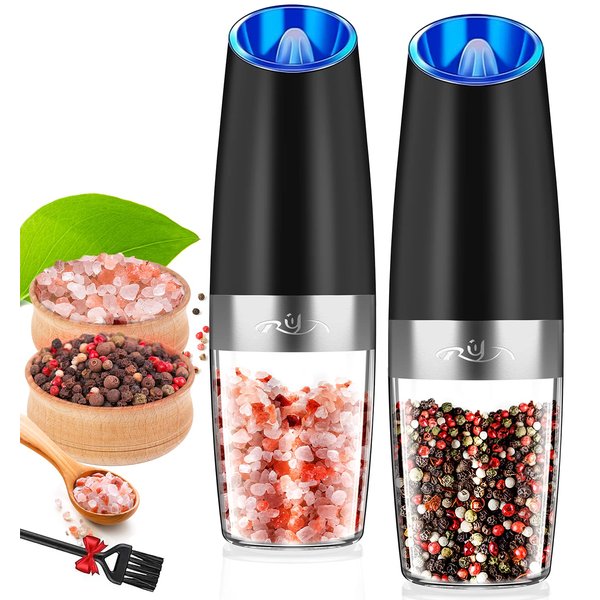 Gravity Electric Salt and Pepper Grinder Set, Automatic and Battery-Operated with Adjustable Coarseness, LED Light, One Hand Operated By Rongyuxuan