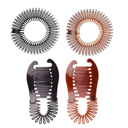 2PCS Plastic Flexible Interlocking Banana Clip and 2PCS Rhinestone Circular Zig Zag Head Tooth Hair Hoop Hairband For Women Hair Accessories