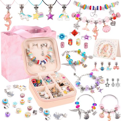 UFU Charm Bracelet Making Kit - Girls 95 Pcs DIY Beaded Jewelry Making Kit, Unicorn & Mermaid Gifts for Girls Crafts for Girls Ages 5 6 7 8-12, with a Portable Bracelet Organizer Box