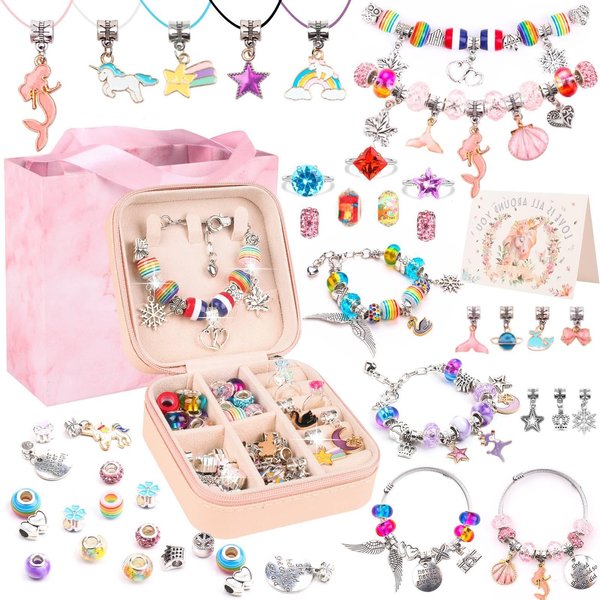 UFU Charm Bracelet Making Kit - Girls 95 Pcs DIY Beaded Jewelry Making Kit, Unicorn & Mermaid Gifts for Girls Crafts for Girls Ages 5 6 7 8-12, with a Portable Bracelet Organizer Box