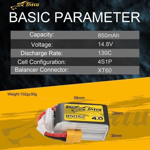 TATTU R-Line Version 4.0 4S Lipo Battery 14.8V 130C 850mAh Lipo Battery Pack with XT60 Plug for Racing