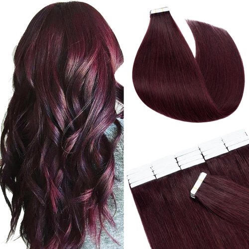 SEGO Tape Extensions Human Hair 100% Remy 18 Inch Wine Red 20pcs 50g Straight Natural Real Seamless Skin Weft Invisible Rooted Double Sided Tape Hair for Women