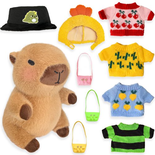 Kireidane Capybara Plush with 9 pcs Clothes & Accessories, 10.2 in Cute Capybara Stuffed Animal Plush Toys, Dress Up Cute Plushies for Girls/Boys (Brown)