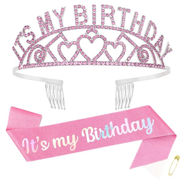 BAHABY It's My Birthday Sash & Rhinestone Birthday Tiara Set Birthday Sash and Crown Crowns and Tiaras for Women Happy Birthday Decorations- Pink