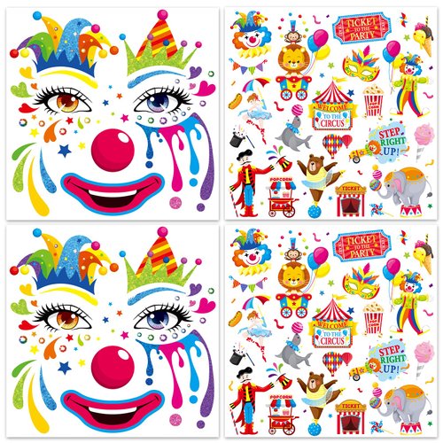 HOWAF 4 Sheets Carnival Circus Face Tattoos, Circus Clown Full Face Temporary Tattoos for Carnival Party Clown Costume Accessories, Circus Party Carnival Temporary Tattoos Carnival Tattoos for Kids
