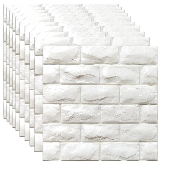 YU LI 3DH 3D Wall Panels Peel and Stick 11PCS White Foam Brick Wallpaper for Bedroom Faux Stone Wall Panel Self-Adhesive Wallpaper (11PCS-10.65 Sq Ft, White)