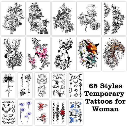 Cerlaza Temporary Tattoos for Women Adults Girls, 65 Styles Fake Semi Permanent Long Lasting Tattoos Stickers, Body Leg Makeup Waterproof Realistic Tattoos