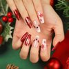 Christmas Press on Nails Coffin Medium Fake Nails With Snowflake Pearl Red Rhinestones Designs False Nails Red Glitter Full Cover Stick on Nails Acrylic Winter Xmas Artificial Nails for Women 24Pcs