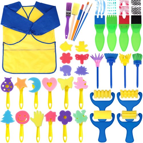 BigOtters 45PCS Kids Paint Brushes Sponge Kits, Painting Brushes Drawing Tools Kits, Washable Paint Brushes for Toddler Kids Early DIY Learning Toys and Kids Gifts School Prizes Art Party