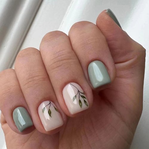 Xenophoer Short Press on Nails Square Fall Light Green Acrylic Fake Nails with Leaves Designs Artificial Nails Press ons Reusable Glue on Nails for Women and Girls 24 Pcs