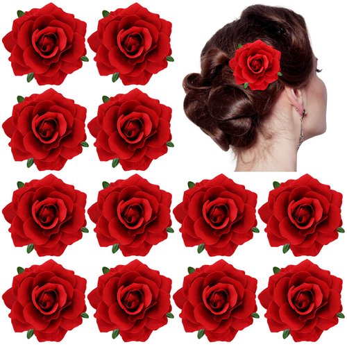 Dizila 12 Pack Flamenco Dancer Mexican Red Rose Flower Brooches Pins Alligator Hair Clips Barrettes Prom Party Wedding Bridal Hair Accessories Headpieces for Women Girls