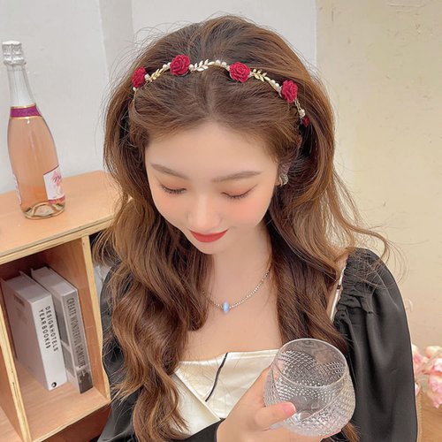 AIUPUOC Hairband, Red Rose Flower Metal Hair Accessories, Exquisite Hair Hoop Hairbands Hair Band Hairpin for Women Girls Scrunchies 1Pcs