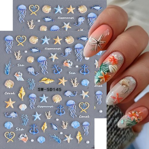 Mdscve 2Pcs 5D Embossed Ocean Theme Nail Art Stickers Starfish Seashell with Design Self Adhesive Nail Decals Marine Life Nail Art Decorations Summer Nail Sticks Supplies for Women