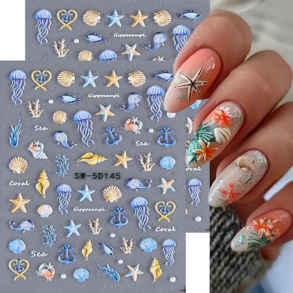 Mdscve 2Pcs 5D Embossed Ocean Theme Nail Art Stickers Starfish Seashell with Design Self Adhesive Nail Decals Marine Life Nail Art Decorations Summer Nail Sticks Supplies for Women