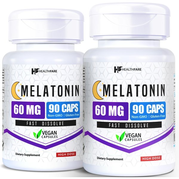 HealthFare Melatonin 60mg | Pack of 2 | 90 Veg Capsules Each | High-Strength Formula | Vegetarian, Non-GMO, Gluten-Free | Made in The USA