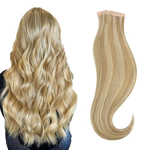 HOTBANANA Tape in Hair Extensions, 18 Inch Tape in Hair Extensions Human Hair 20pcs 50g Light Blonde Highlighted Golden Blonde Balayage (Ash Tone) Tape Hair Extensions Straight Tape in Extensions
