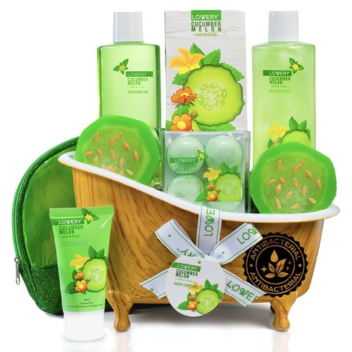 Christmas Gifts, Home Spa Bath Basket Gift Set - Aromatherapy Kit for Men & Women - Natural Cucumber with Organic Melon - 12 Piece Skin Care Set Includes 2 Organic Melon Soaps, Body Lotion & More
