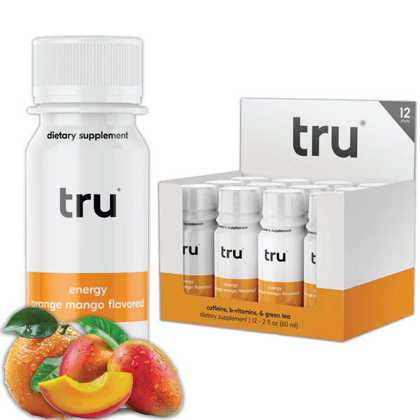 Tru Energy Shot, Orange Mango Flavored Extra Strength Energy Shots - Zero Sugar Energy Drink plus Vitamin B3, B6, B12, and Green Tea - Natural Caffeine, GF, Keto, Vegan Supplement, 2oz (Pack of 12)