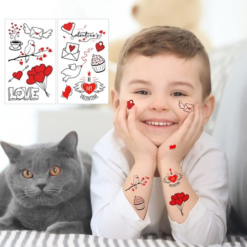 75Pcs Valentine's Day Temporary Tattoos for Women Kids, 12 Sheets Red Black Love Heart Flowers Tattoo Stickers for Body and Items Decoration